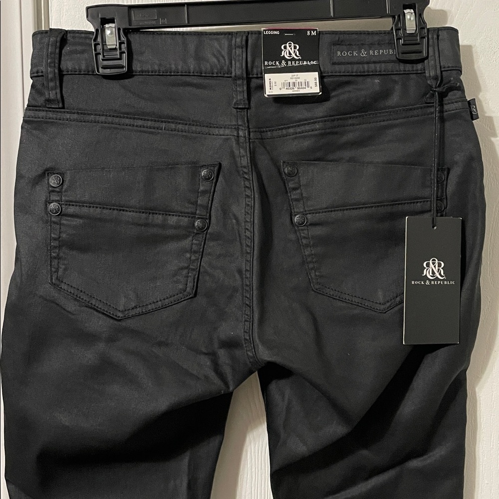 NWT Rock & Republic Kashmiere Zip It Leggings Jet Black Faux Leather Denim Sz 8 - Picture 12 of 13